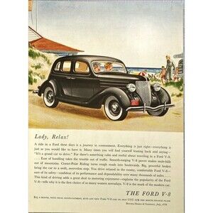 The Ford V-8 "A Ride in a Ford is a journey in Contentment" Vtg Print Ad 1936